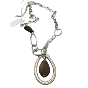 MODERNIST style silver tone chain necklace agate and pearl bead